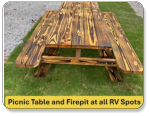 Picnic table and firepit at all RV sites at M & M Outdoors Campground.